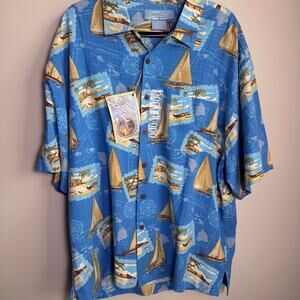 Bermuda Bay Silk Hawaiian Shirt Mens XL NWT Blue Nautical Sailboat Island $95